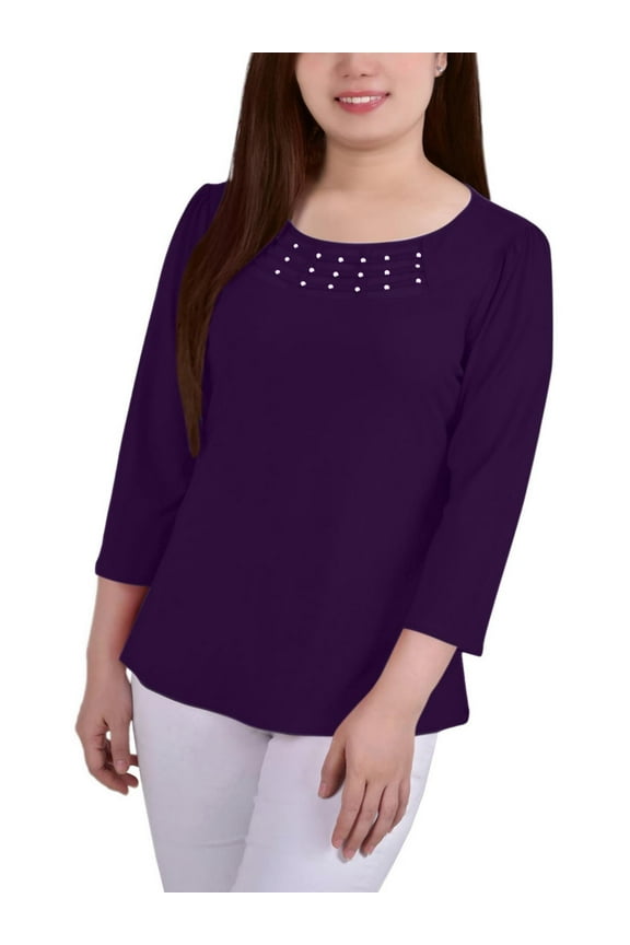 Womens Petites Crepe Mesh Inset Blouse