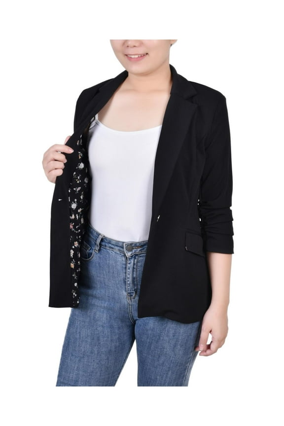 Womens Petites Crepe Ruched One-Button Blazer