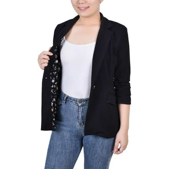 NY Collection Womens Petites Crepe Ruched One-Button Blazer