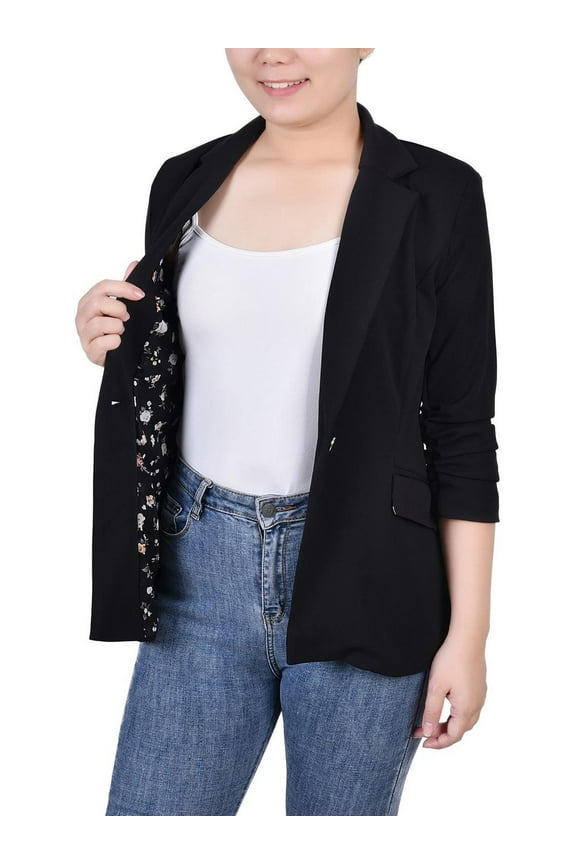 Womens Petites Crepe Ruched One-Button Blazer