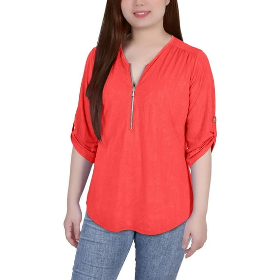 NY Collection Womens Petites Crewneck Rolled Sleeves Blouse