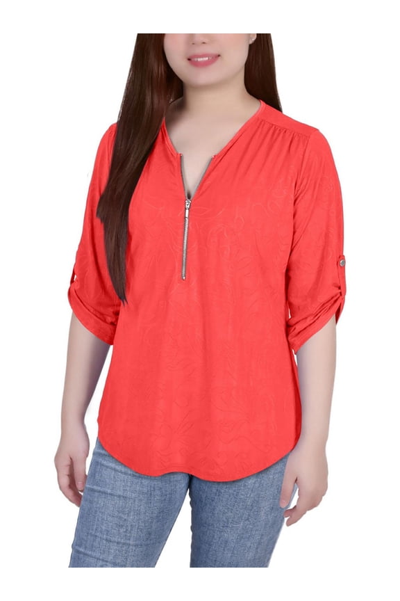 Womens Petites Crewneck Rolled Sleeves Blouse