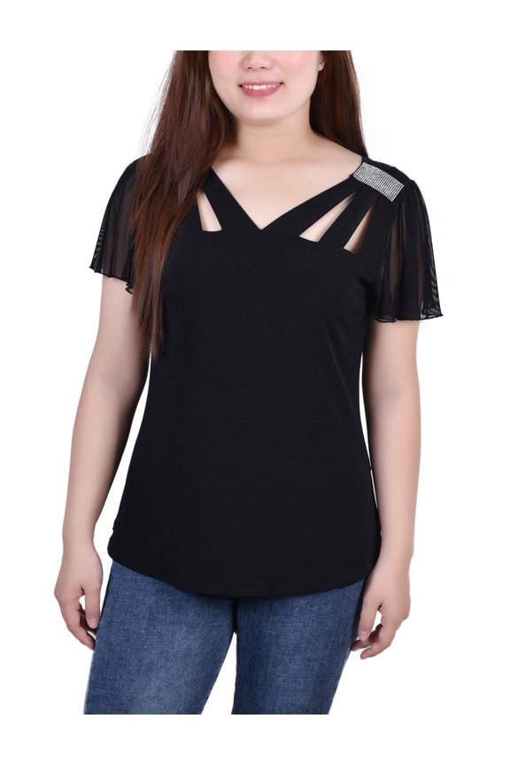 Womens Petites Cutout Mesh Inset Blouse