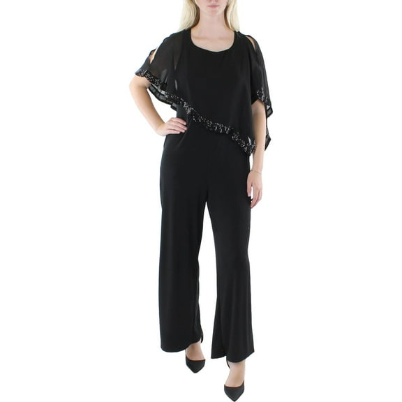 NY Collection Womens Petites Drapey Sequined Jumpsuit