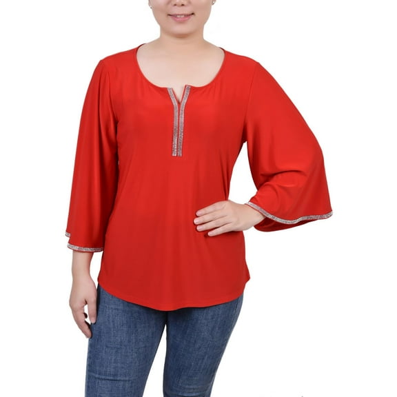 NY Collection Womens Petites Embellished Bell Sleeves Blouse