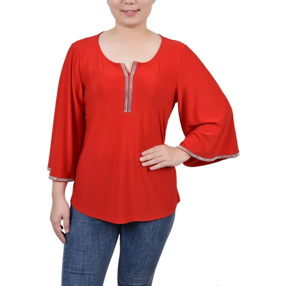 NY Collection Womens Petites Embellished Bell Sleeves Blouse