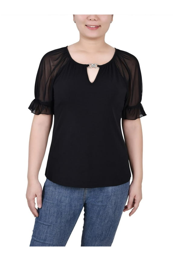 Petite Women’s Short Ruffle Sleeve Top Black Size PS NWT