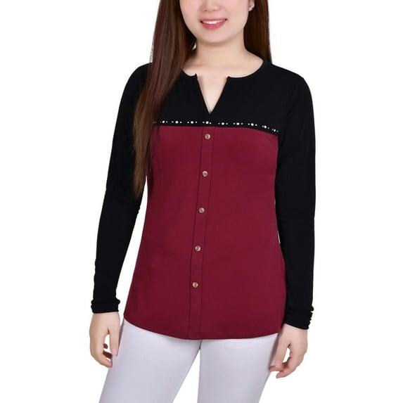 NY Collection Womens Petites Embellished Crepe Blouse