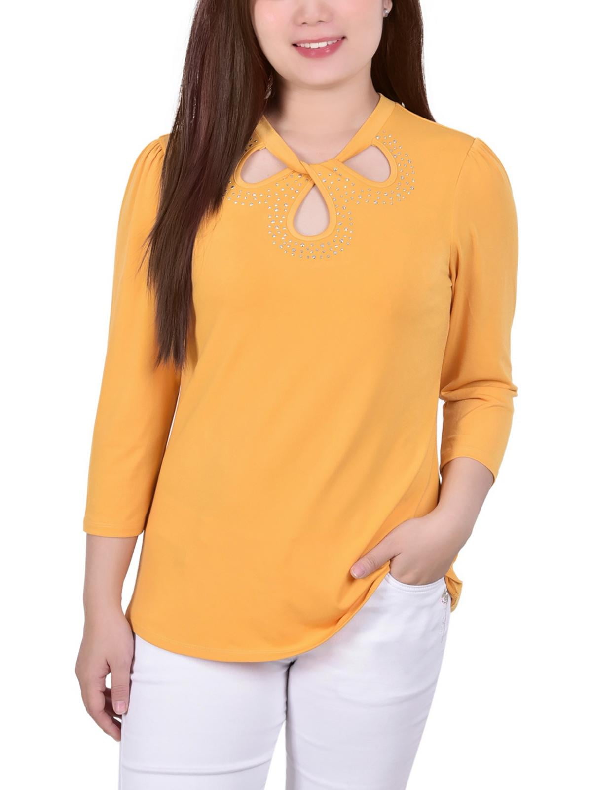 NY Collection Womens Petites Embellished Twist-Neck Blouse - Walmart.com
