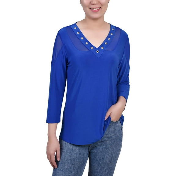 NY Collection Womens Petites Embellished V-Neck Blouse