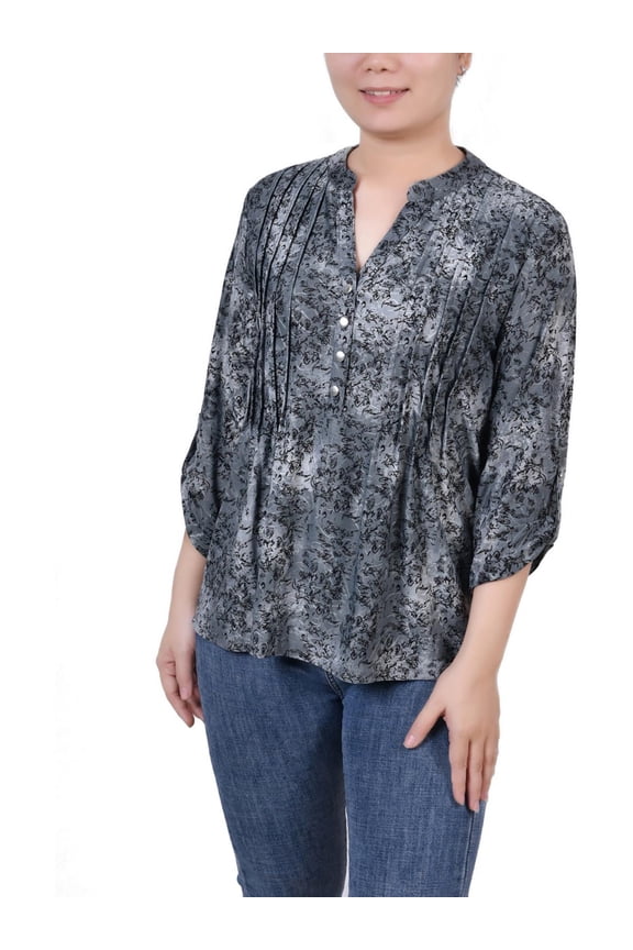 Womens Petites Floral Pintuck Blouse