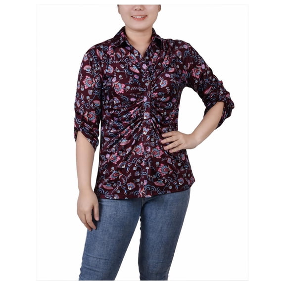 NY Collection Womens Petites Floral Print Button-Down Top