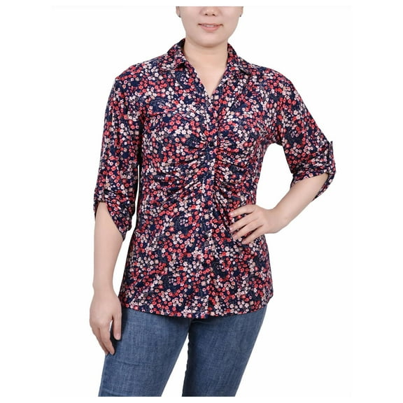NY Collection Womens Petites Floral Print Button-Down Top