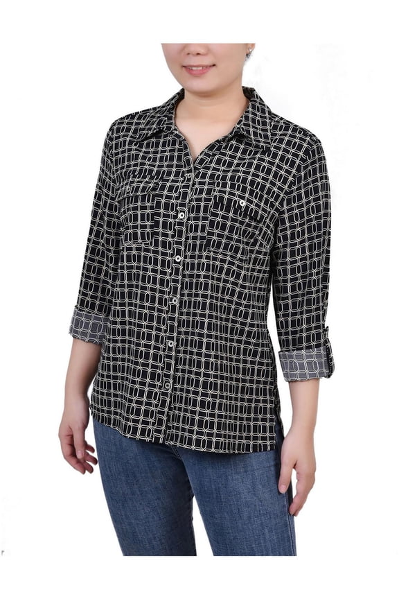 Womens Petites Geometric Collared Blouse