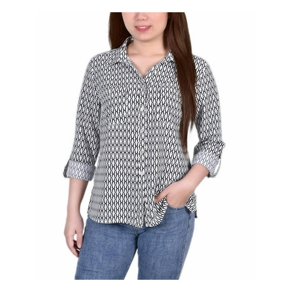 NY Collection Womens Petites Geometric Collared Blouse