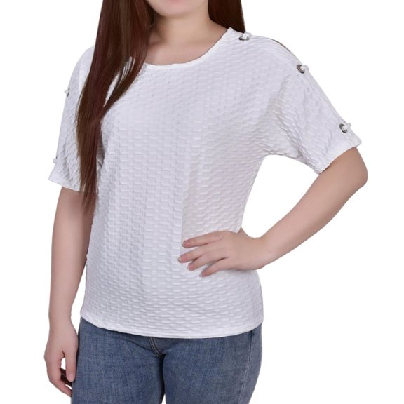 NY Collection Womens Embellished Basic T-Shirt, White, Petite, PM