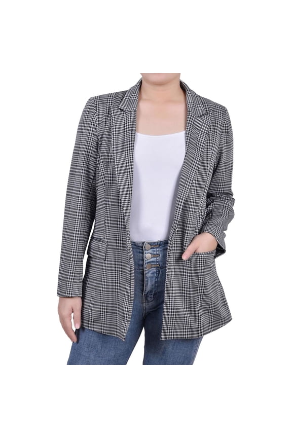 Womens Long Sleeve Ponte Glen Check One Button Blazer Jacket, Grey, Petite, PXL