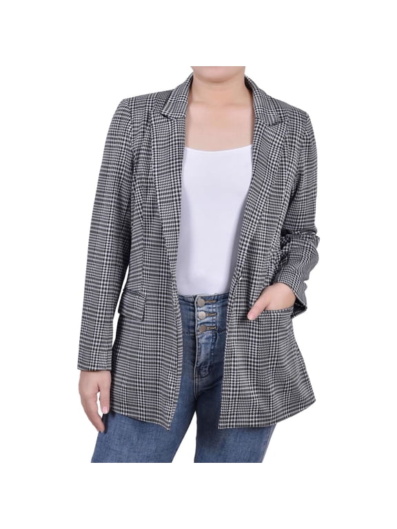 Womens Long Sleeve Ponte Glen Check One Button Blazer Jacket, Grey, Petite, PXL