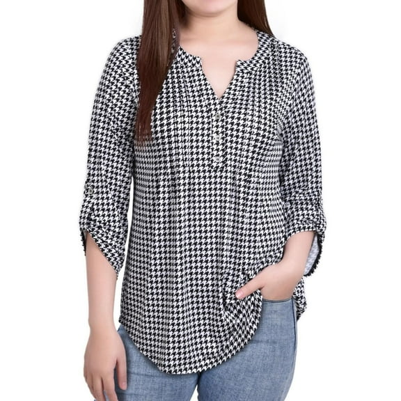 NY Collection Womens Printed Pintuck Henley Shirt, Black, Petite, PXL