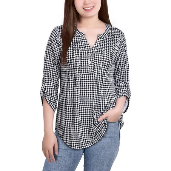 NY Collection Womens Printed Pintuck Henley Shirt, White, Petite, PM