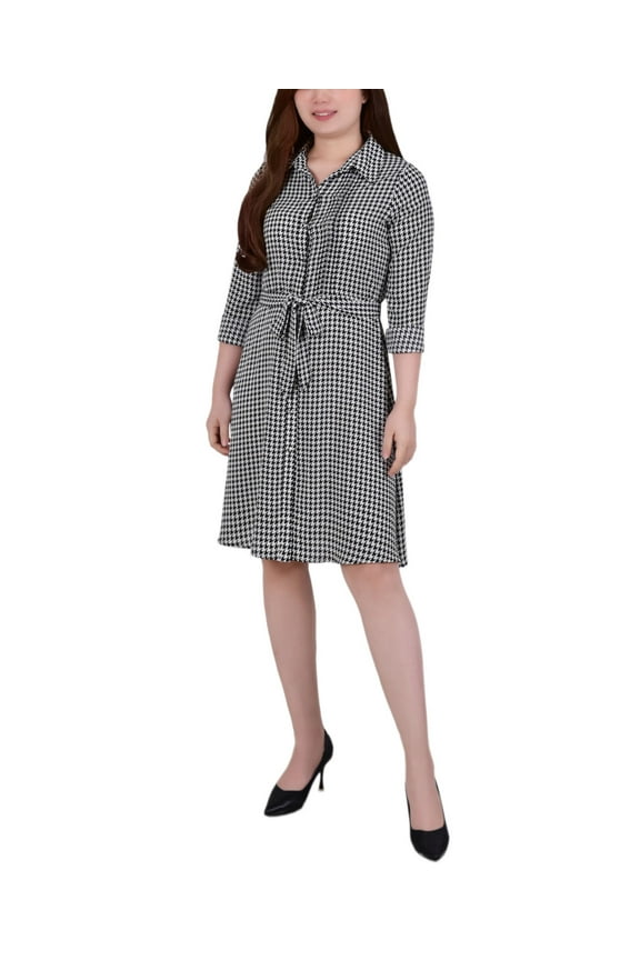 Petite Long Sleeve Belted Shirtdress Black/White Houndstooth PL