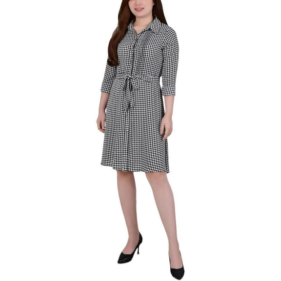 NY Collection Womens Petites Houndstooth Short Shirtdress