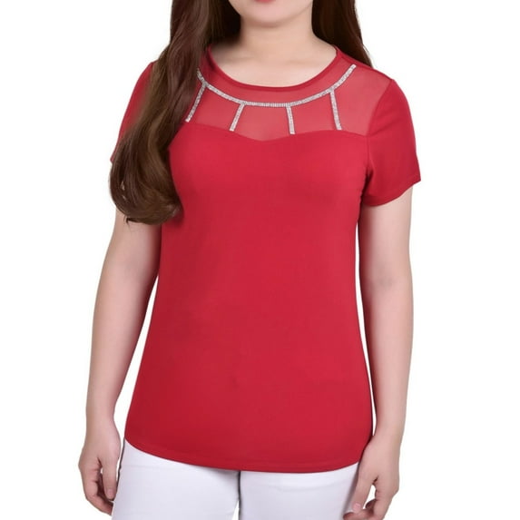 NY Collection Womens Crepe Knit Basic T-Shirt, Red, Petite, PXL