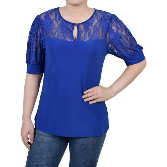NY Collection Womens Puff Lace Sleeve Knit Blouse, Blue, Petite, PM