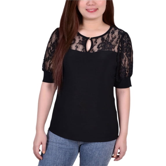 NY Collection Womens Puff Lace Sleeve Knit Blouse, Black, Petite, PXL