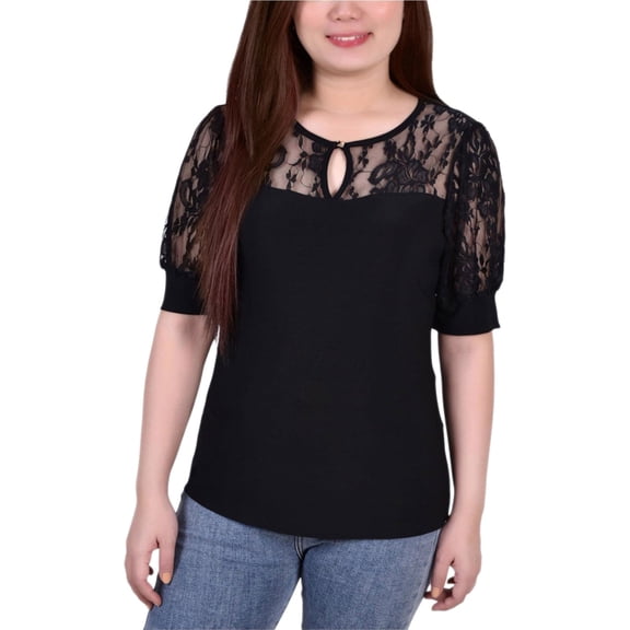 NY Collection Womens Puff Lace Sleeve Knit Blouse, Black, Petite, PXL