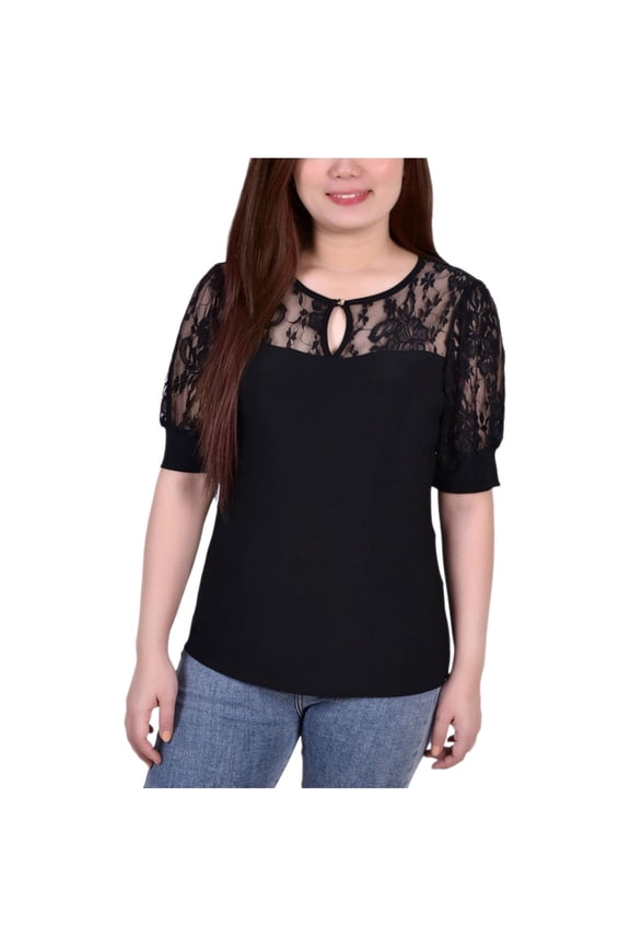 Womens Puff Lace Sleeve Knit Blouse, Black, Petite, PXL