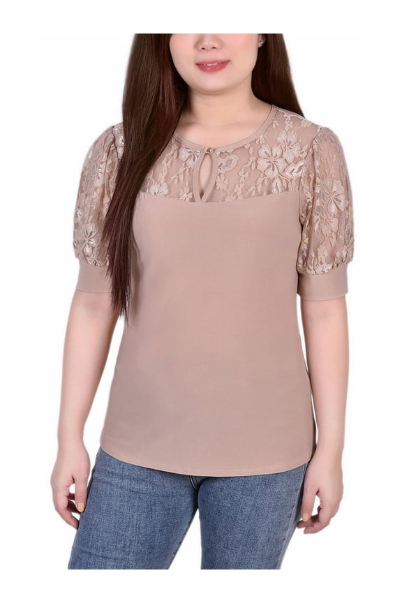 Womens Petites Keyhole Lace Trim Blouse
