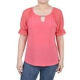 thumbnail image 1 of NY Collection Womens Short Ruffle Sleeve Rhinestone Keyhole Knit Blouse, Pink, Petite, PL, 1 of 4