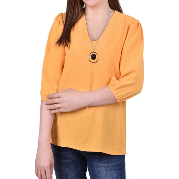 NY Collection Womens Balloon Sleeve Necklace Pullover Blouse, Yellow, Petite, PL