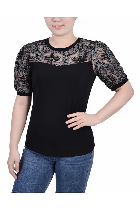Womens Petites Lace Burnout Blouse