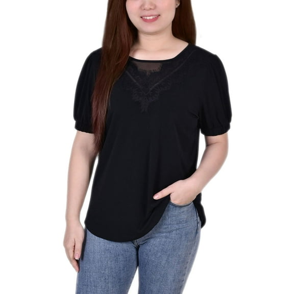 NY Collection Womens Petites Lace Neckline Puff Sleeve Blouse