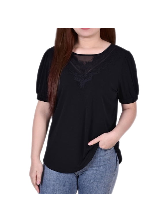 Womens Lace Neckline Puff Sleeve Jersey Knit Pullover Blouse, Black, Petite, PM