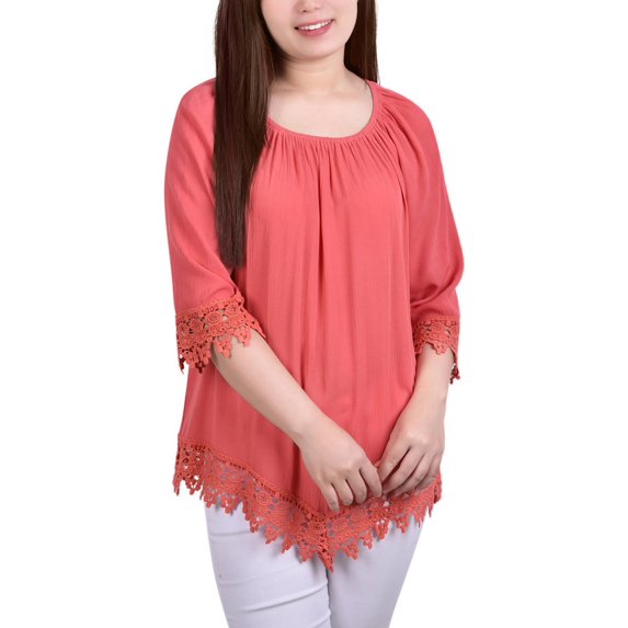 NY Collection Womens Petites Lace Peasant Blouse