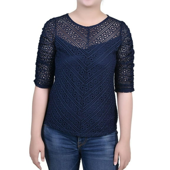 NY Collection Womens Lace Knit Blouse, Blue, Petite, PL