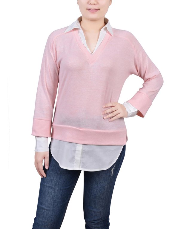 Womens Petites Layered Long Sleeve Pullover Top
