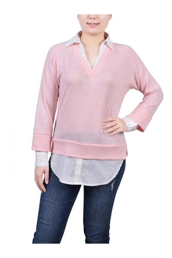 Womens Petites Layered Long Sleeve Pullover Top