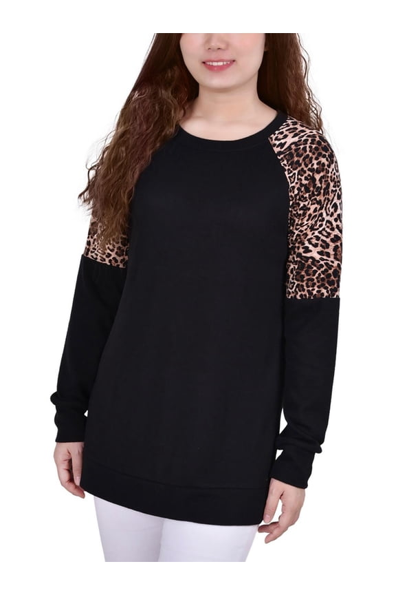 Womens Petites Leopard Print Long Sleeve Pullover Top