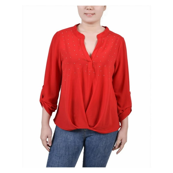 NY Collection Womens Petites Mandarin Collar Adjustable Sleeve Blouse