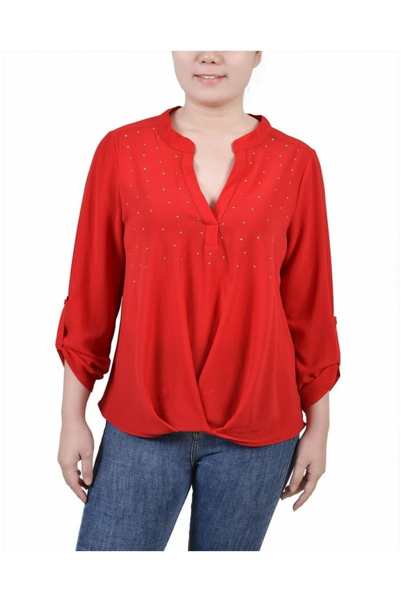 Womens Petites Mandarin Collar Adjustable Sleeve Blouse