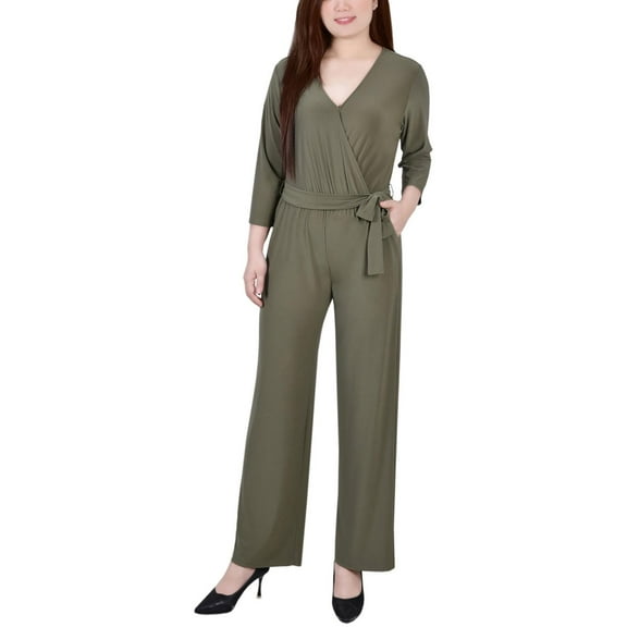 NY Collection Womens Petites Matte Jersey Belted Jumpsuit