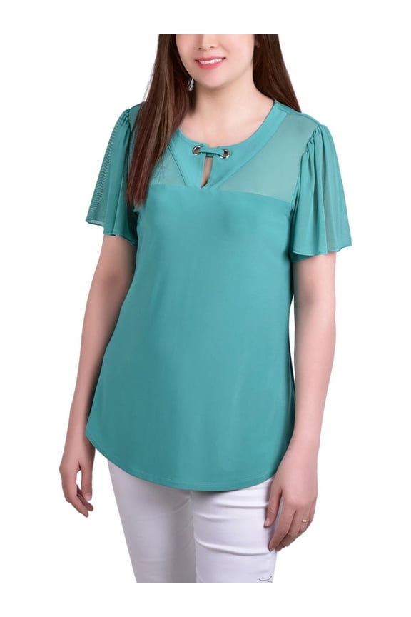 Womens Petites Mesh Inset Grommet Blouse