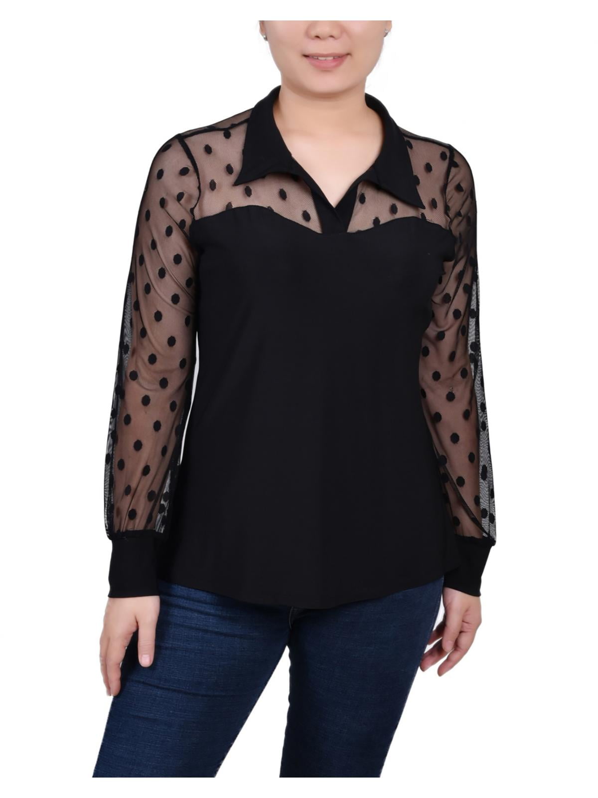 Petite Long Sleeve Blouse With Crochet Trim - Walmart.com