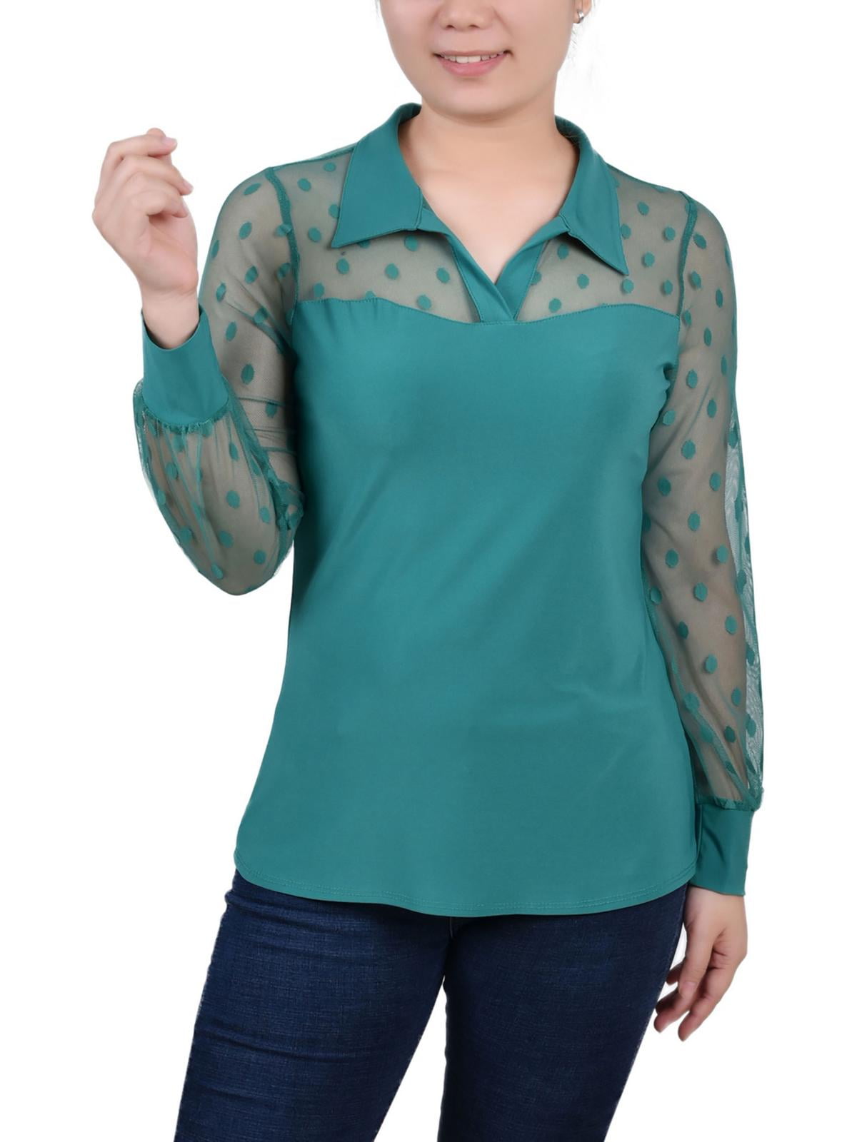 NY Collection Petite Knit Jacquard 3/4 Sleeve Roll Tab