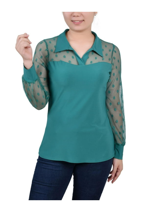 Womens Petites Mesh Sleeves Collared Blouse