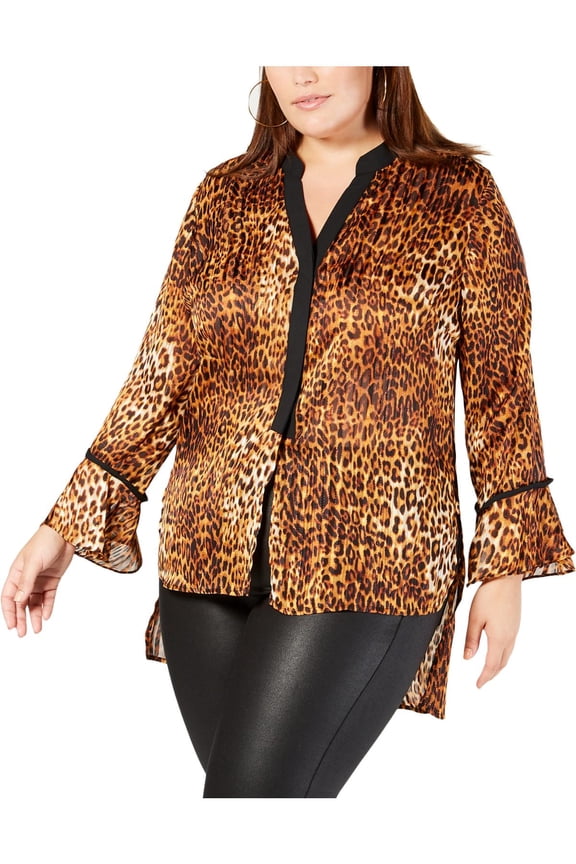 Womens Petites Metallic Animal Print Button-Down Top Orange 2XP